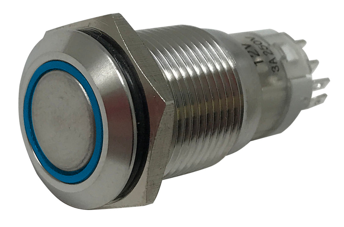 Blue LED Stainless Metal Latching Push Button Switch On Off 12V - 19mm Mounting