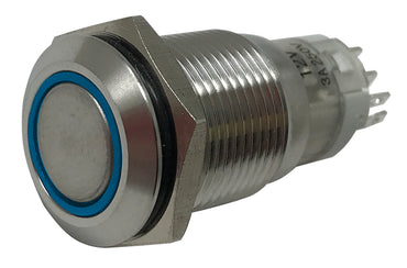 Blue LED Stainless Metal Latching Push Button Switch On Off 12V - 19mm Mounting