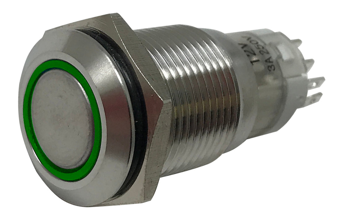 Green LED Stainless Metal Latching Push Button Switch On Off 12V - 16mm Mounting