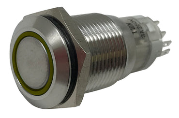 Yellow LED Stainless Metal Latching Push Button Switch On Off 12V 19mm Mounting