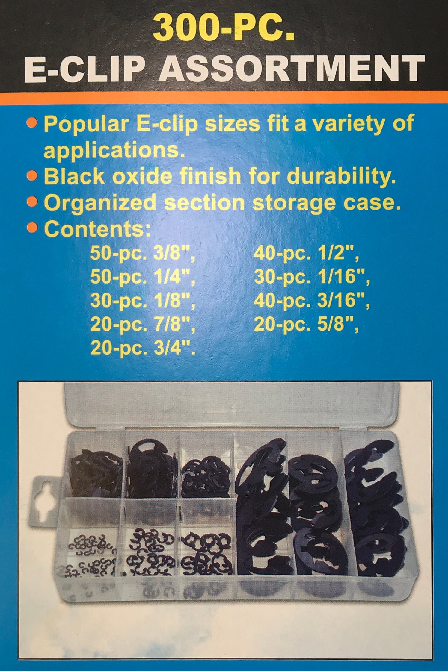 300 Piece Black Industrial E-Clip Assortment Kit