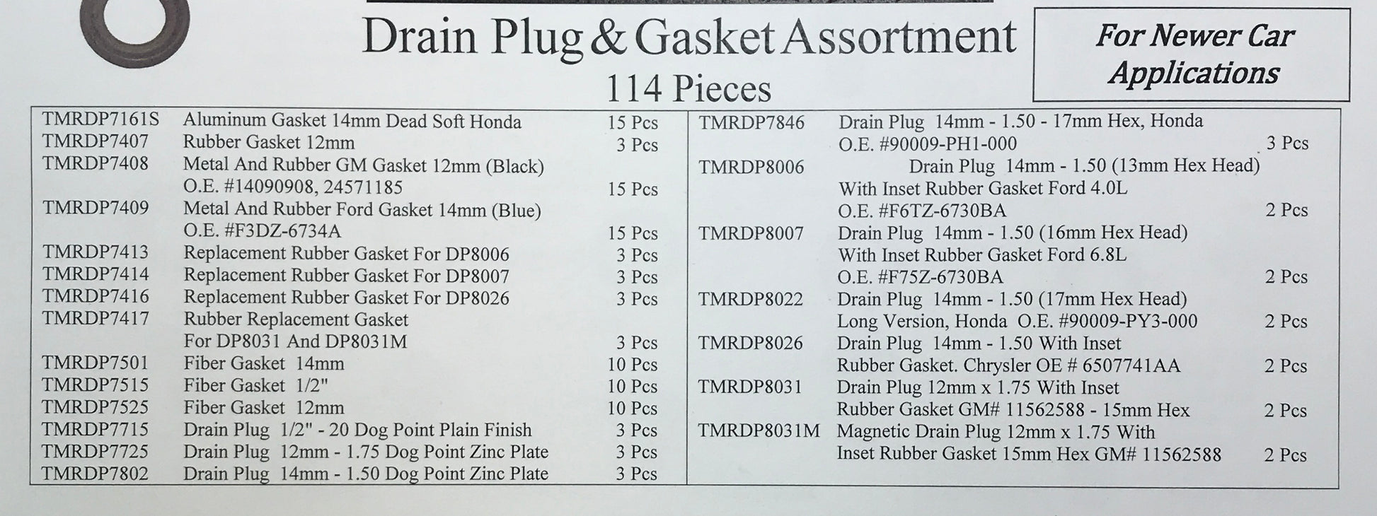 114 Piece Oil Drain Plug & Gasket Assortment Kit - "For Newer Car Applications"