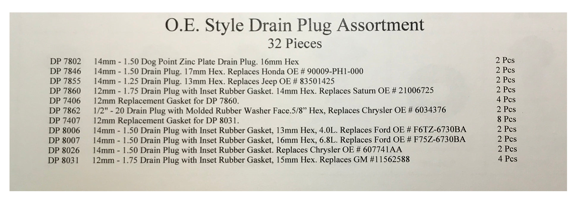 Oe Plug 32 Piece Large O.E. Style Oil Drain Plug Assortment – Sherco-Auto.com