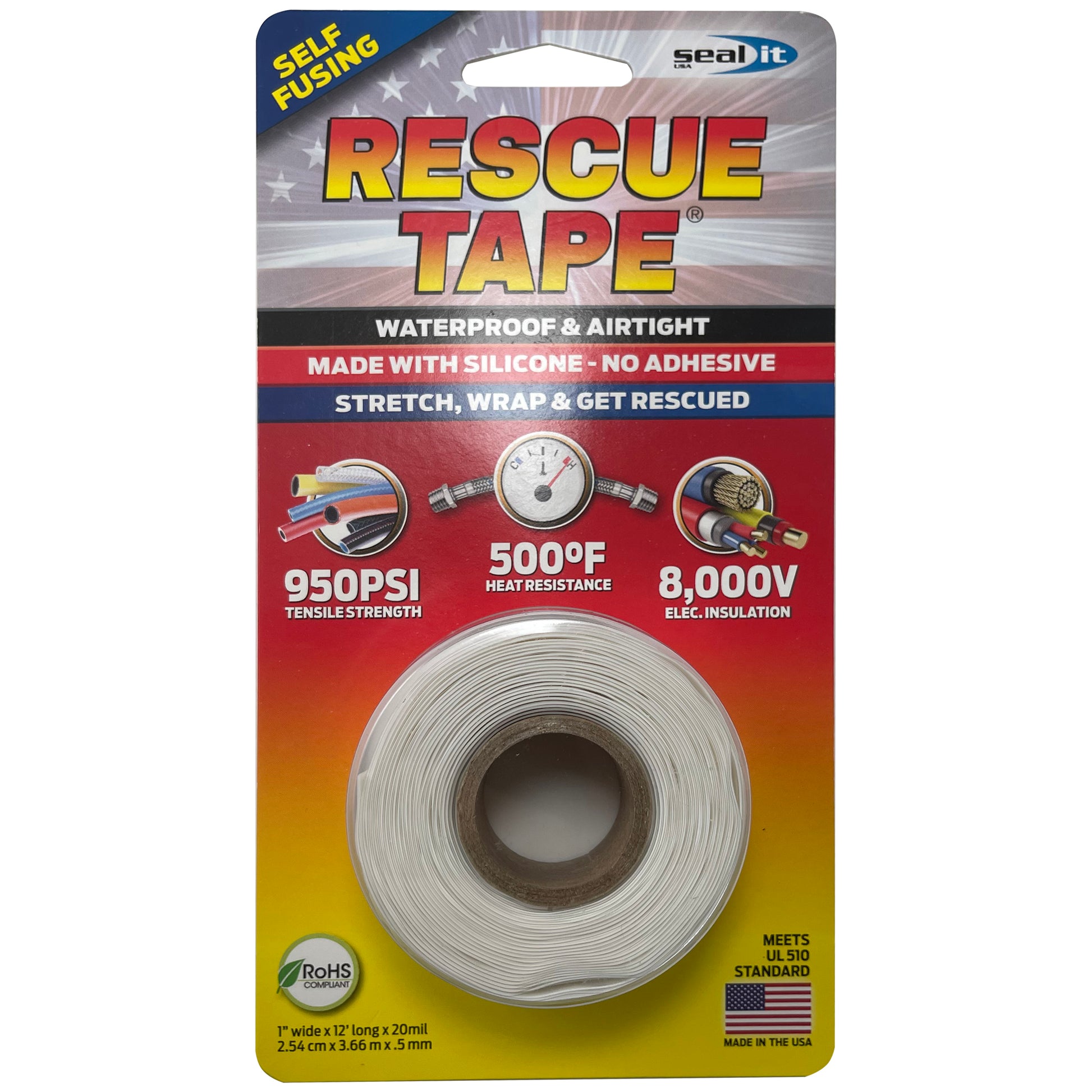 White Silicone Rescue Tape Self Fusing Waterproof Repair Wrap 1"W x 12'L x 20mm