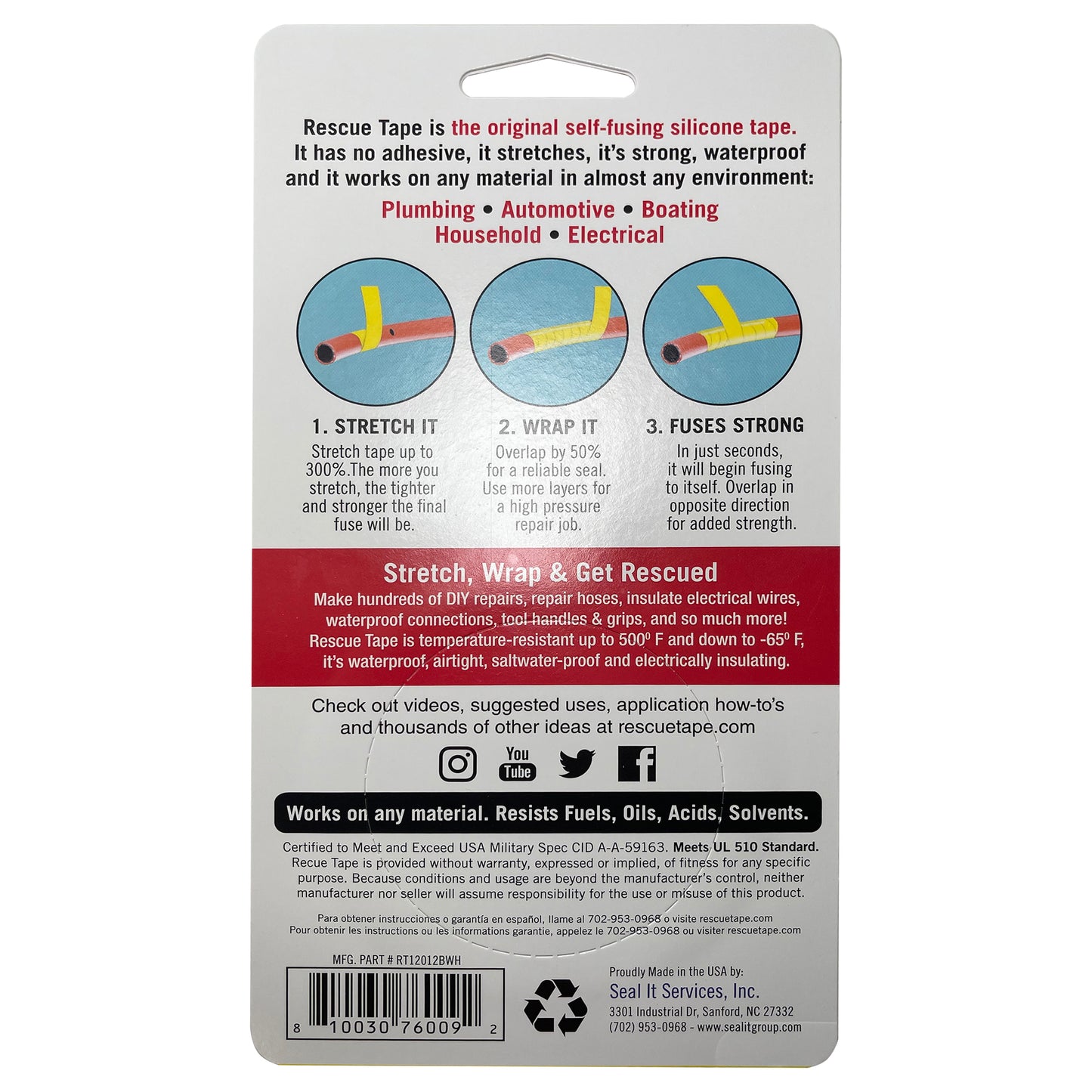 White Silicone Rescue Tape Self Fusing Waterproof Repair Wrap 1"W x 12'L x 20mm