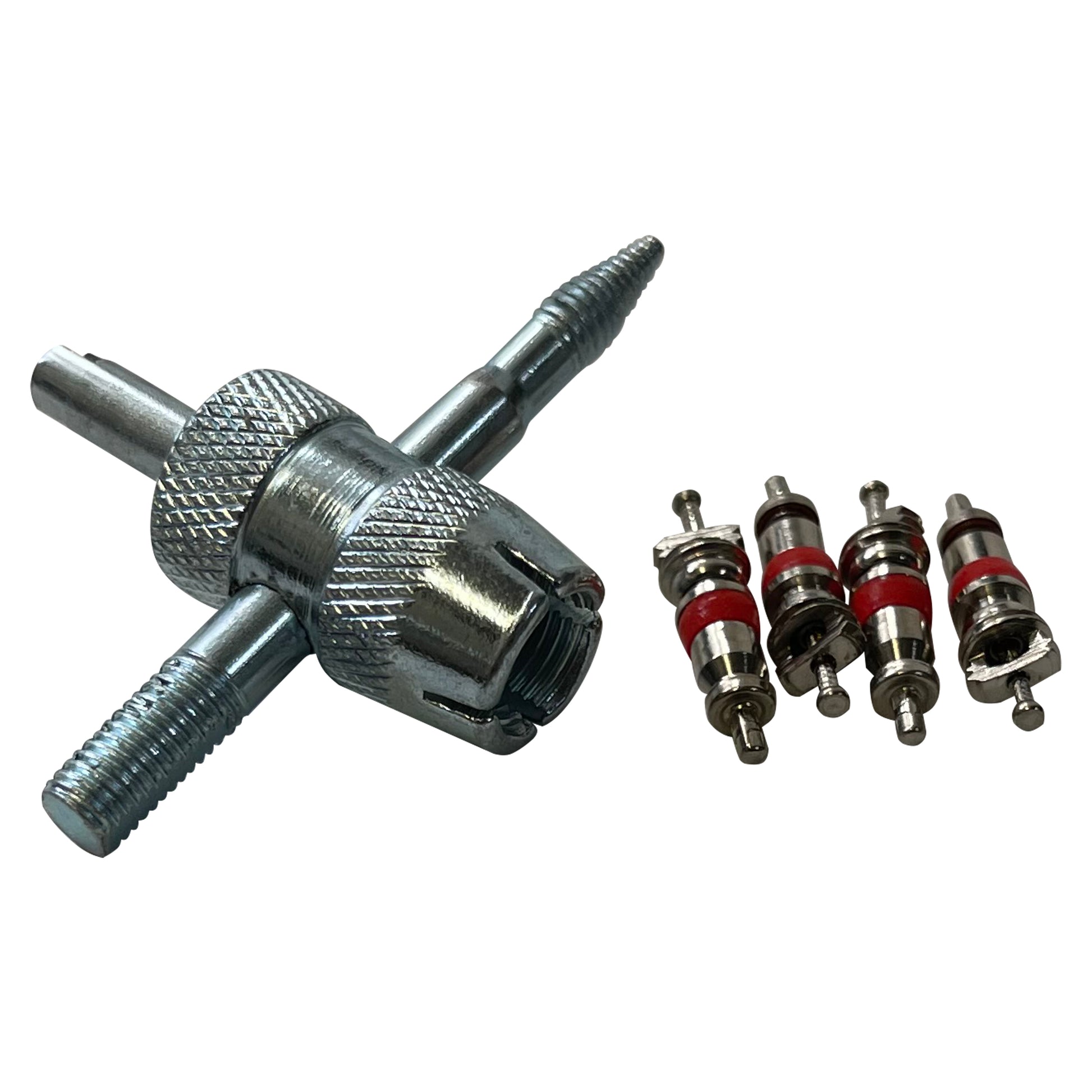 4-Way Tire Valve Core Tool & 4 Valve Cores