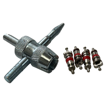 4-Way Tire Valve Core Tool & 4 Valve Cores
