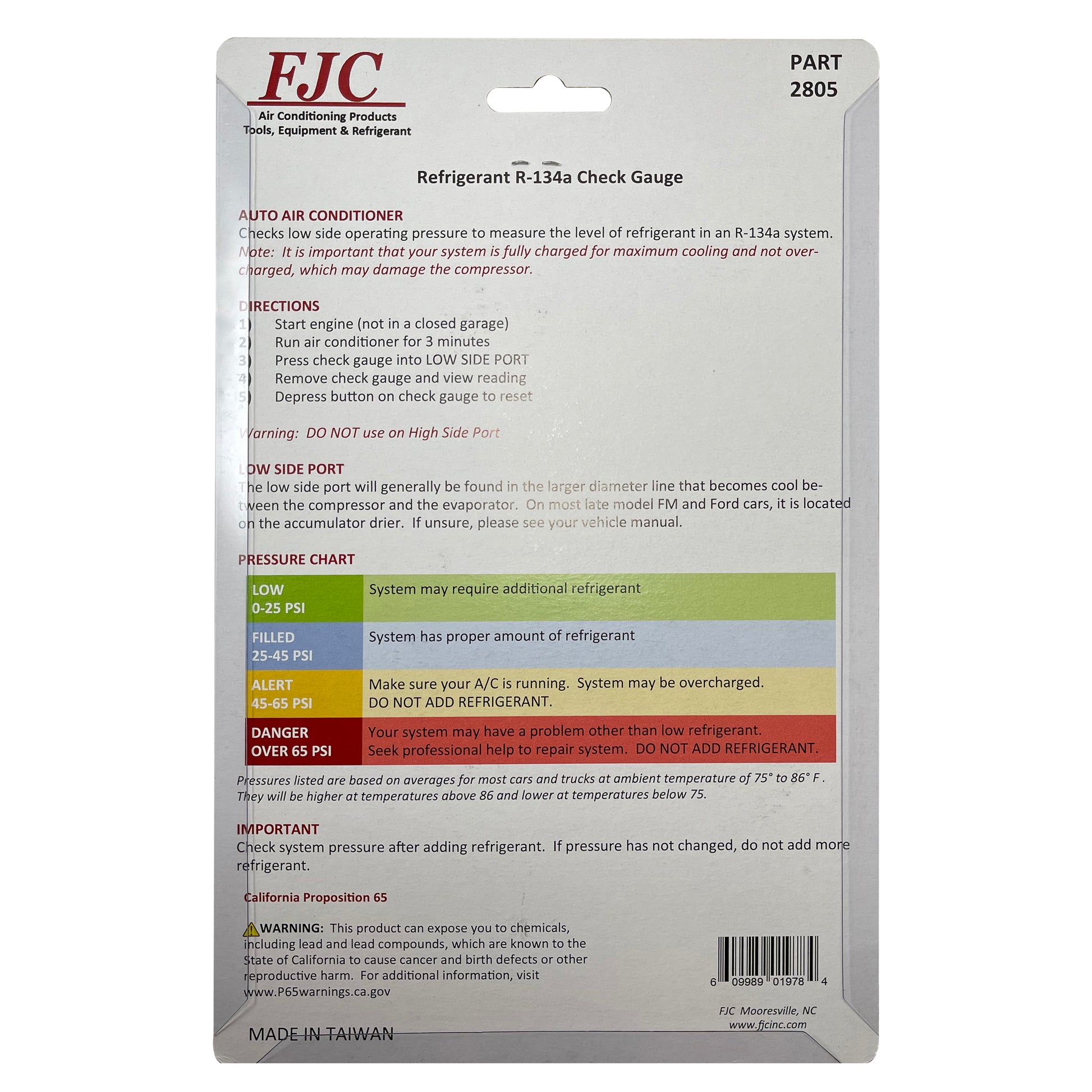FJC 2805 A/C Refrigerant R-134a Pressure Check Gauge