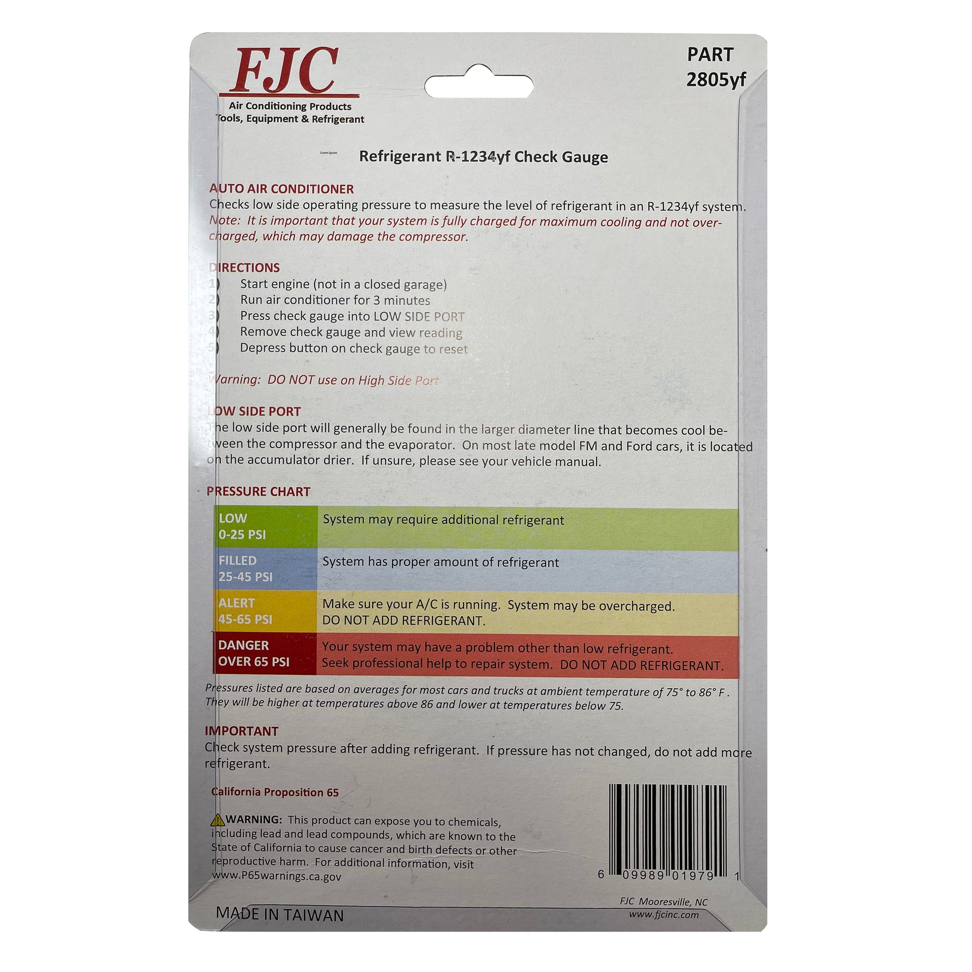 FJC 2805YF A/C Refrigerant R-1234yf Pressure Check Gauge