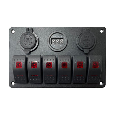 Control Panel 6 Rocker Switch - USB Lighter & Voltage Gauge
