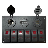 Control Panel 6 Rocker Switch - USB Lighter & Voltage Gauge