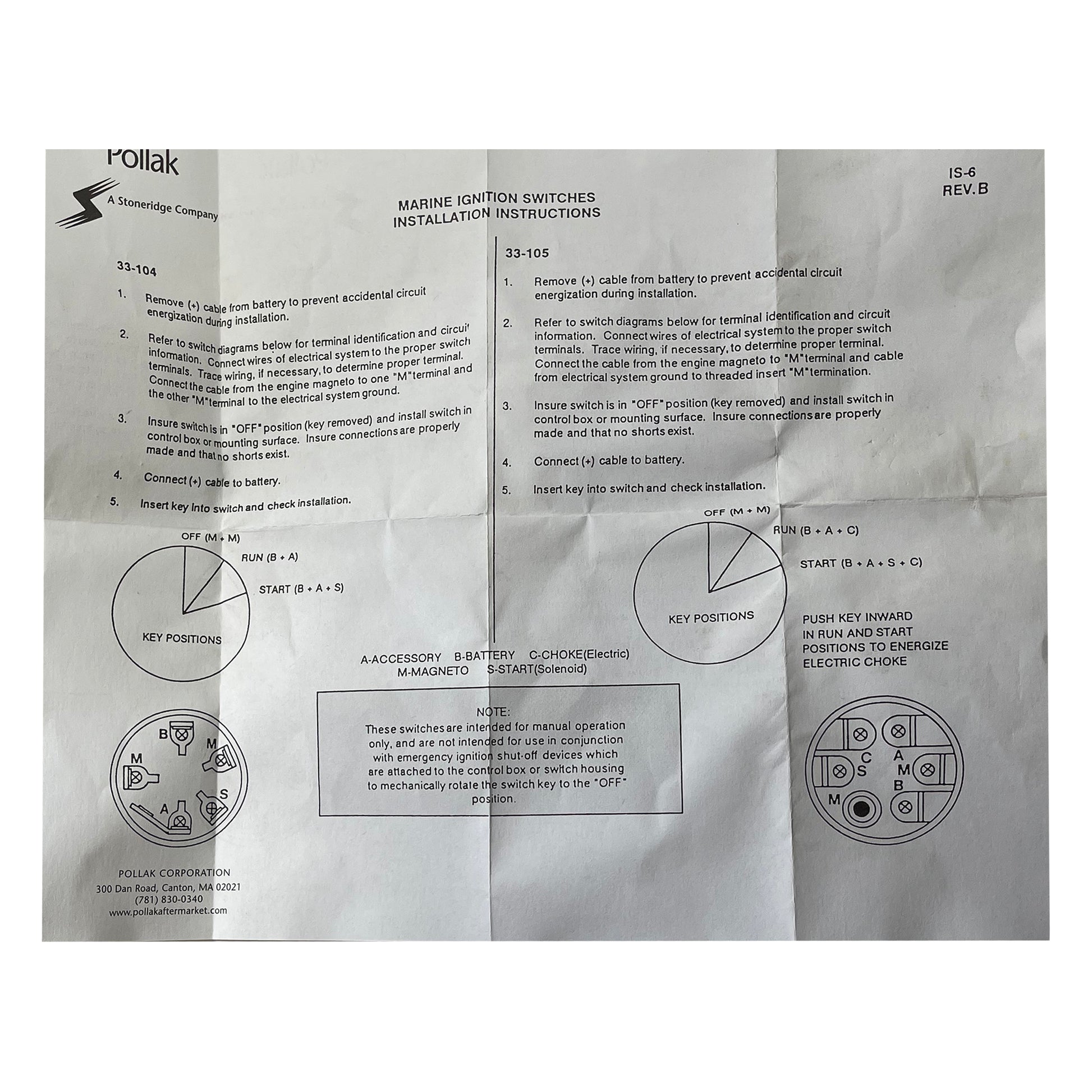 Marine Ignition Switch 3 Position With Push To Choke