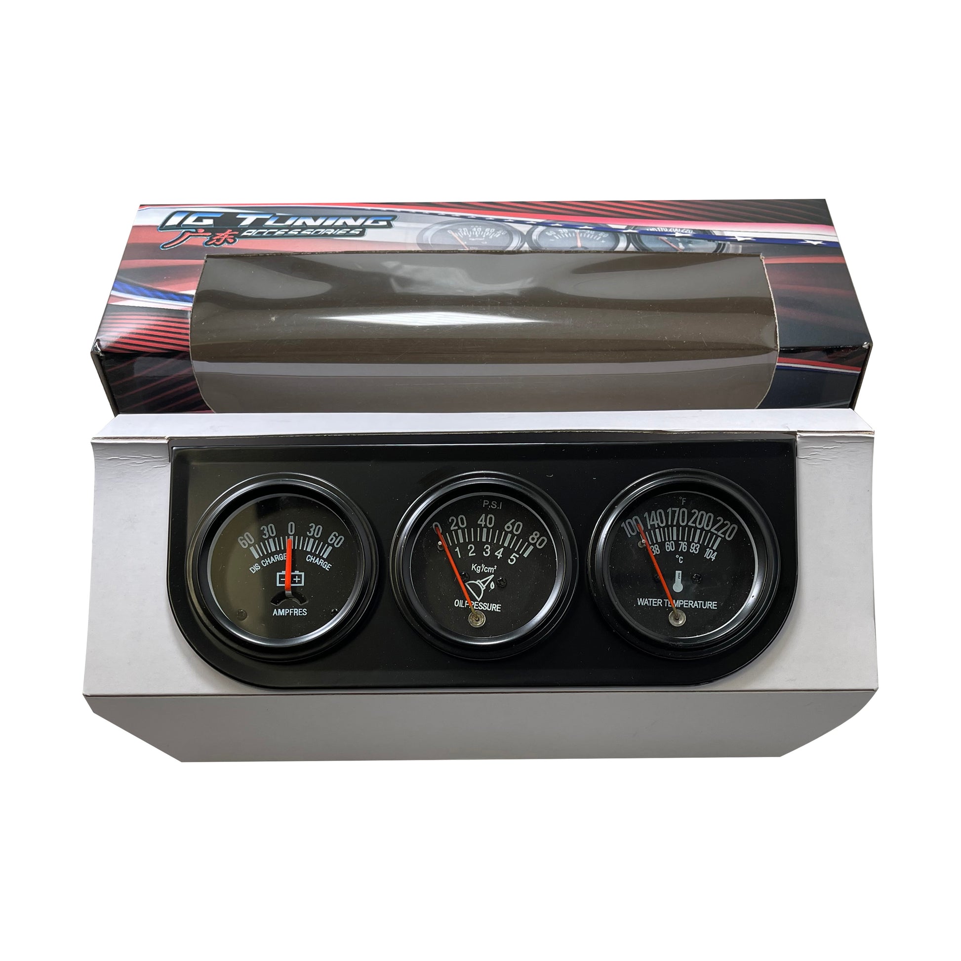 Black 2" Triple Gauge Set - Water Oil Pressure PSI & Ammeter Voltage