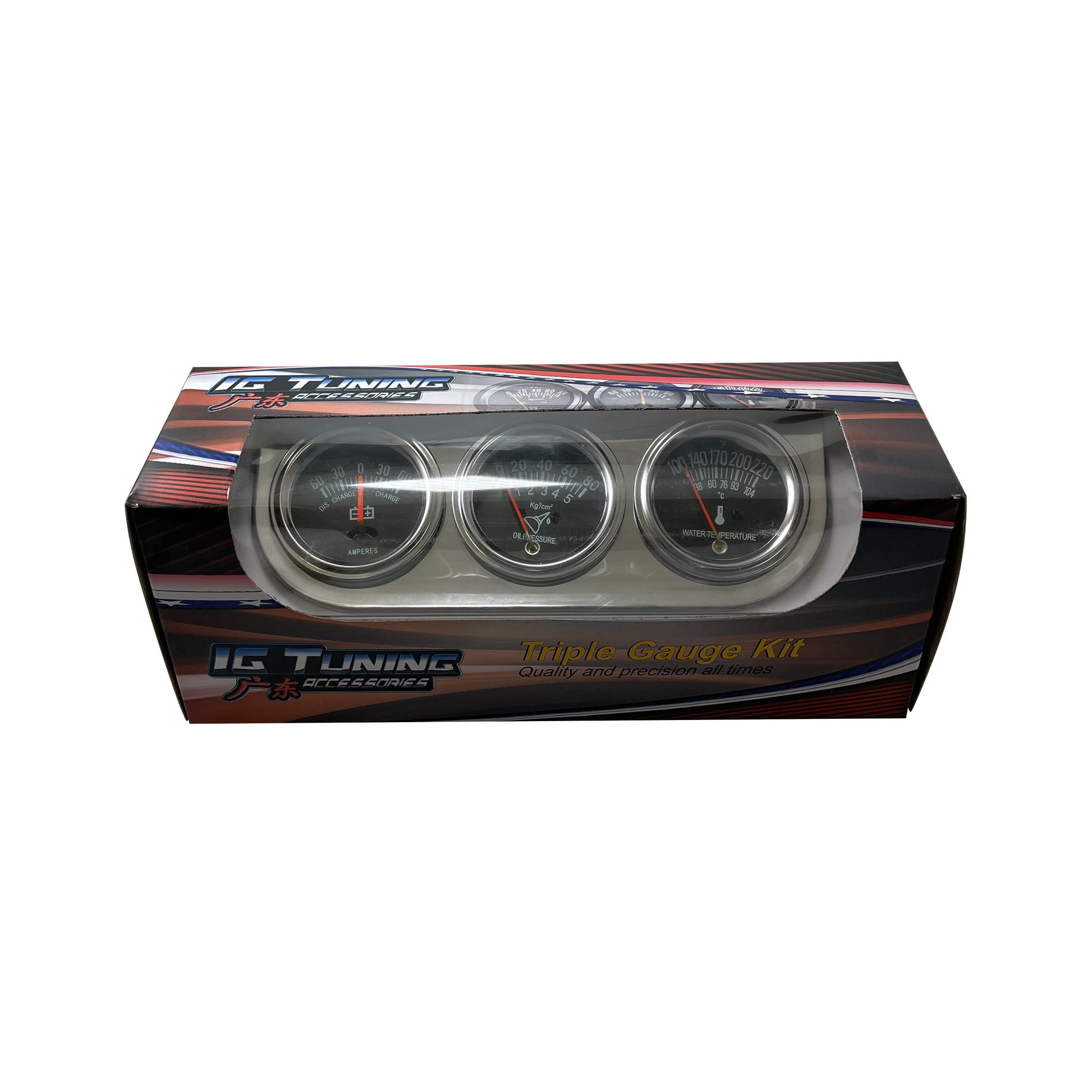 Chrome 2" Triple Gauge Set - Water Oil Pressure PSI & Ammeter Voltage