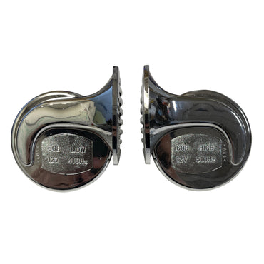 Universal Chrome Shell Electric Air Horn Set High 510 / Low 410 w/ Relay Kit