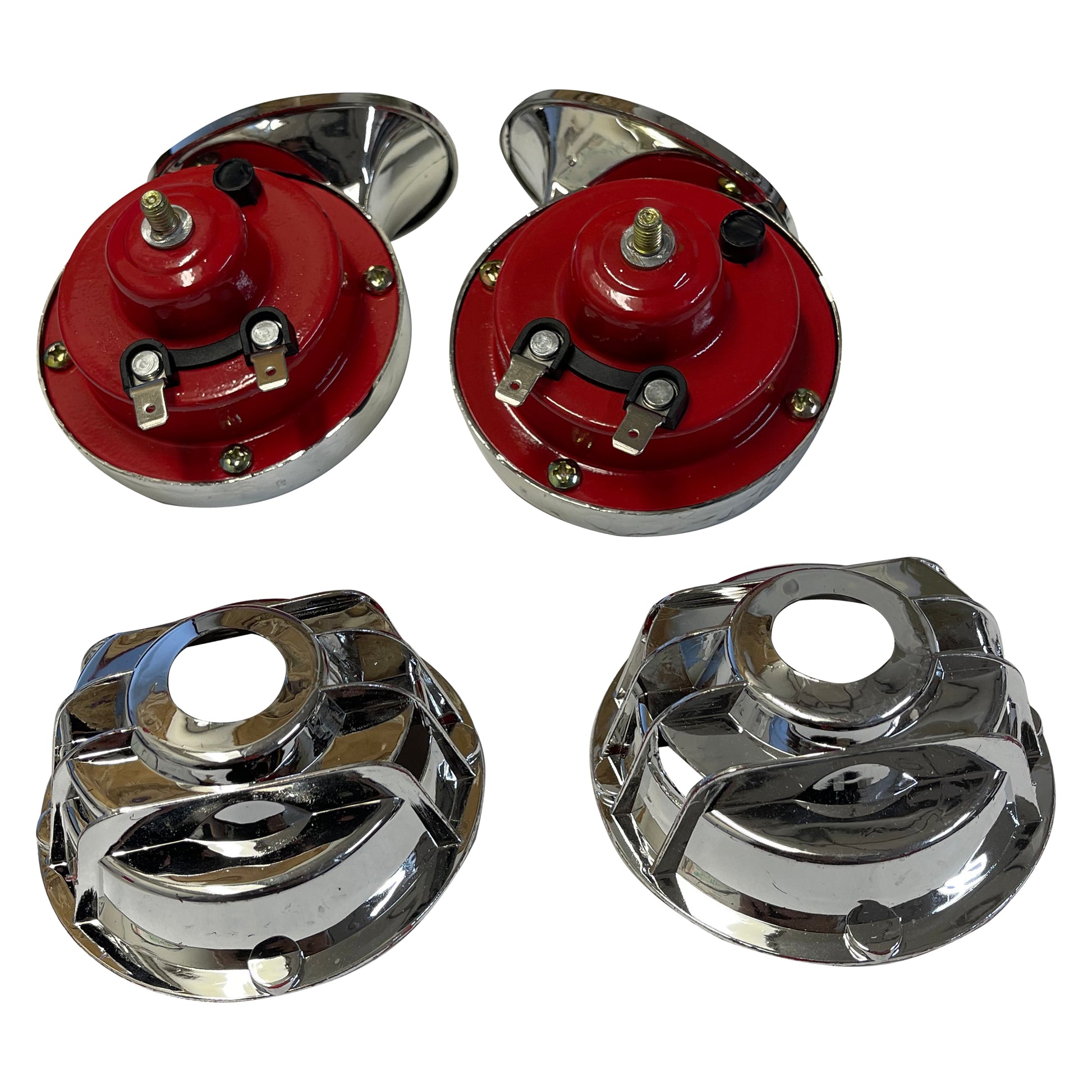 Universal Chrome Shell Electric Air Horn Set High 510 / Low 410 w/ Relay Kit