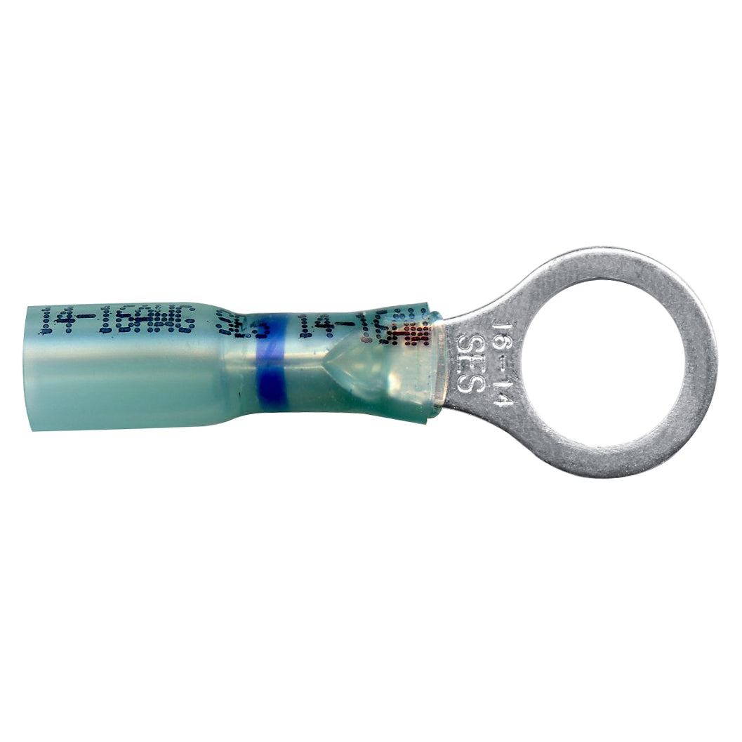 Heat Shrink & Crimp Blue Long Neck Ring Terminal 16-14 Gauge 3/8 Stud - 10 Pack