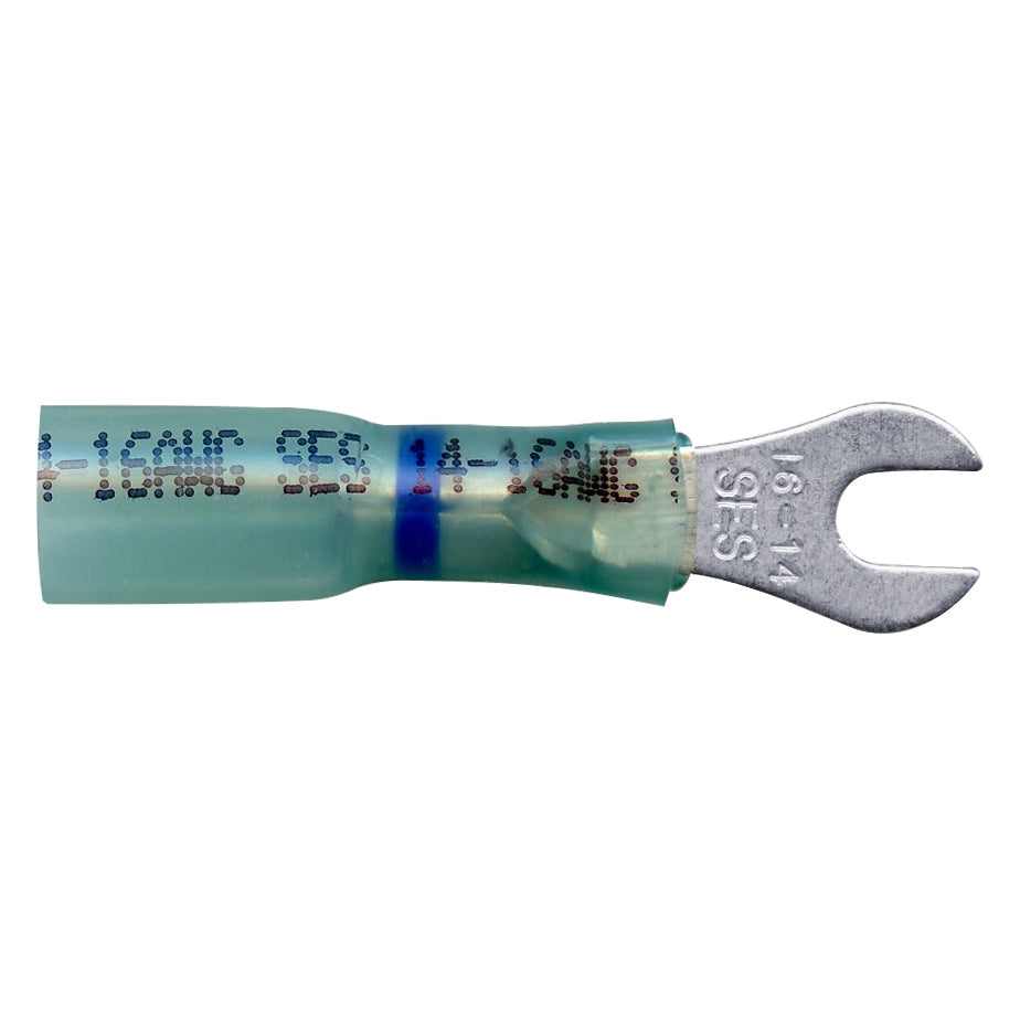 Heat Shrink & Crimp Blue Long Neck Spade Terminal 16-14 Gauge #6 Stud - 10 Pack