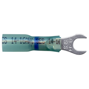 Heat Shrink & Crimp Blue Long Neck Spade Terminal 16-14 Gauge #10 Stud - 10 Pack