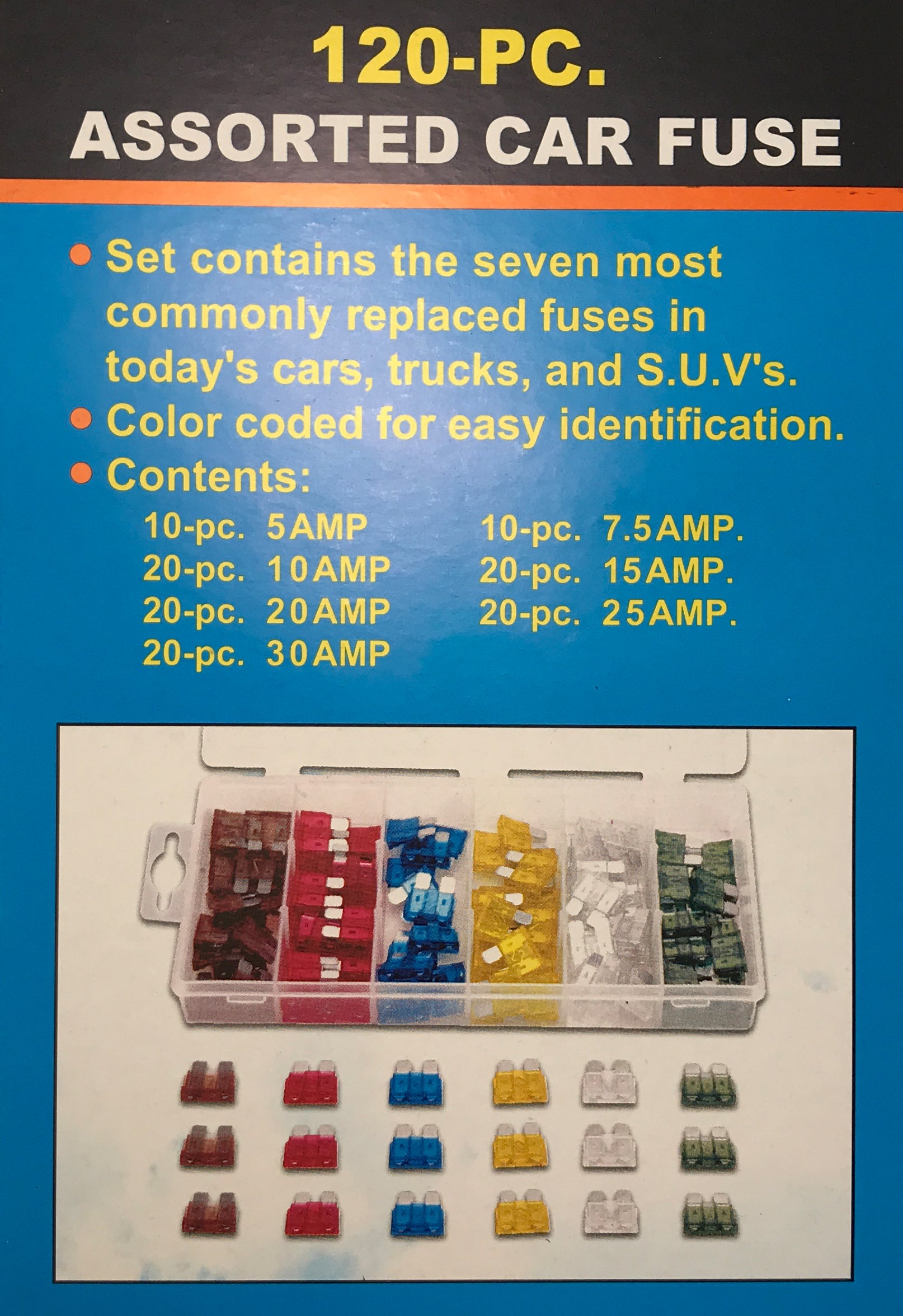 120 Piece ATO ATC Blade Fuse Assortment Kit - 20 Each of 6 Different Amps