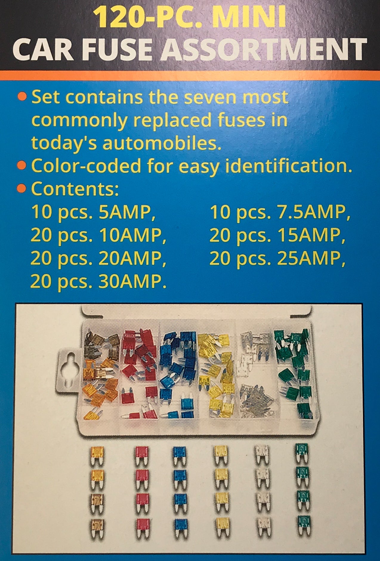 120 Piece Mini Fuse Assortment ATM/MIN - 20 Each of 6 Different Amps