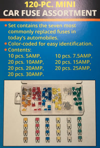 120 Piece Mini Fuse Assortment ATM/MIN - 20 Each of 6 Different Amps