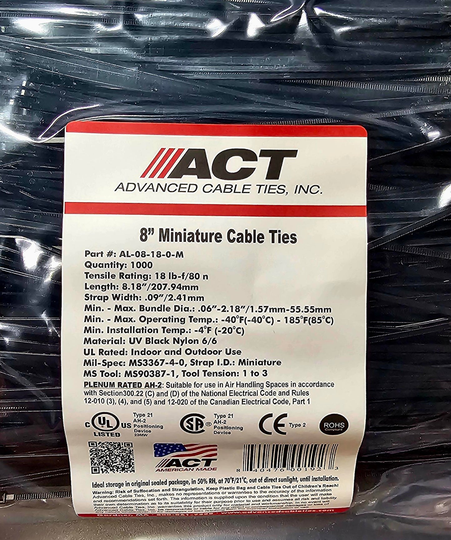 Black 8" Inch Nylon Cable Wire Wrap Zip Ties 18 LBS UV Resistant - Pack of 1000 - Made in the USA