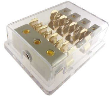 4-Way AGU Fuse Holder Distribution Block 24k Gold (3) 4 ga in (4) 8 ga out
